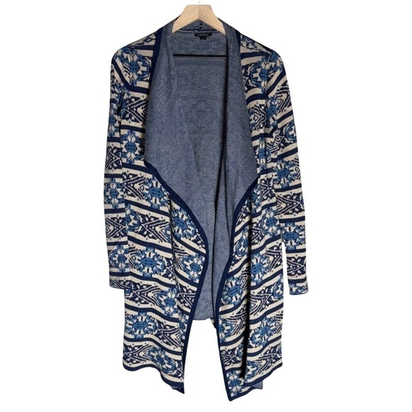 Lucky Brand Sweater Women's Sz M Tribal Print Open Front Waterfall Cardigan - Picture 1 of 5